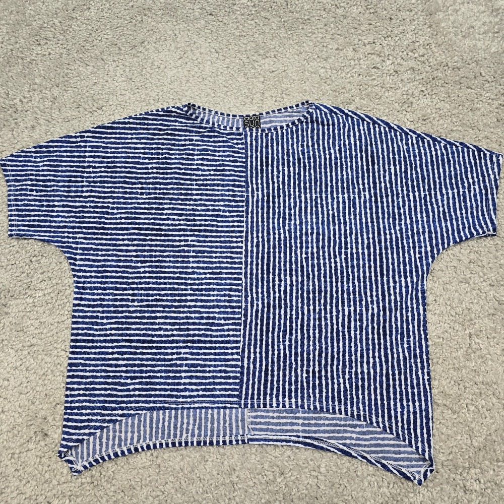 Clara Sun Woo Womens Blue White Stripe Knit Batwing Top Size 1X Resort Arsty